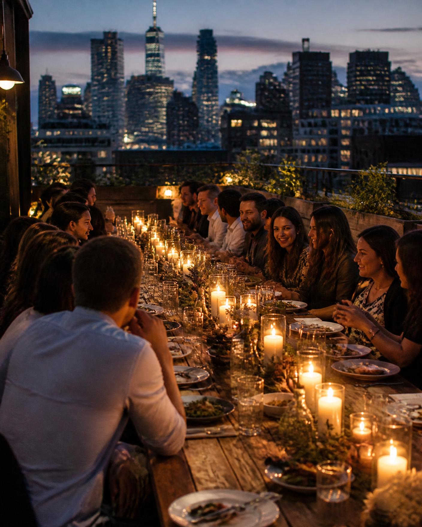 A long candlelit dinner table on a rooftop at dusk with a city skyline behind