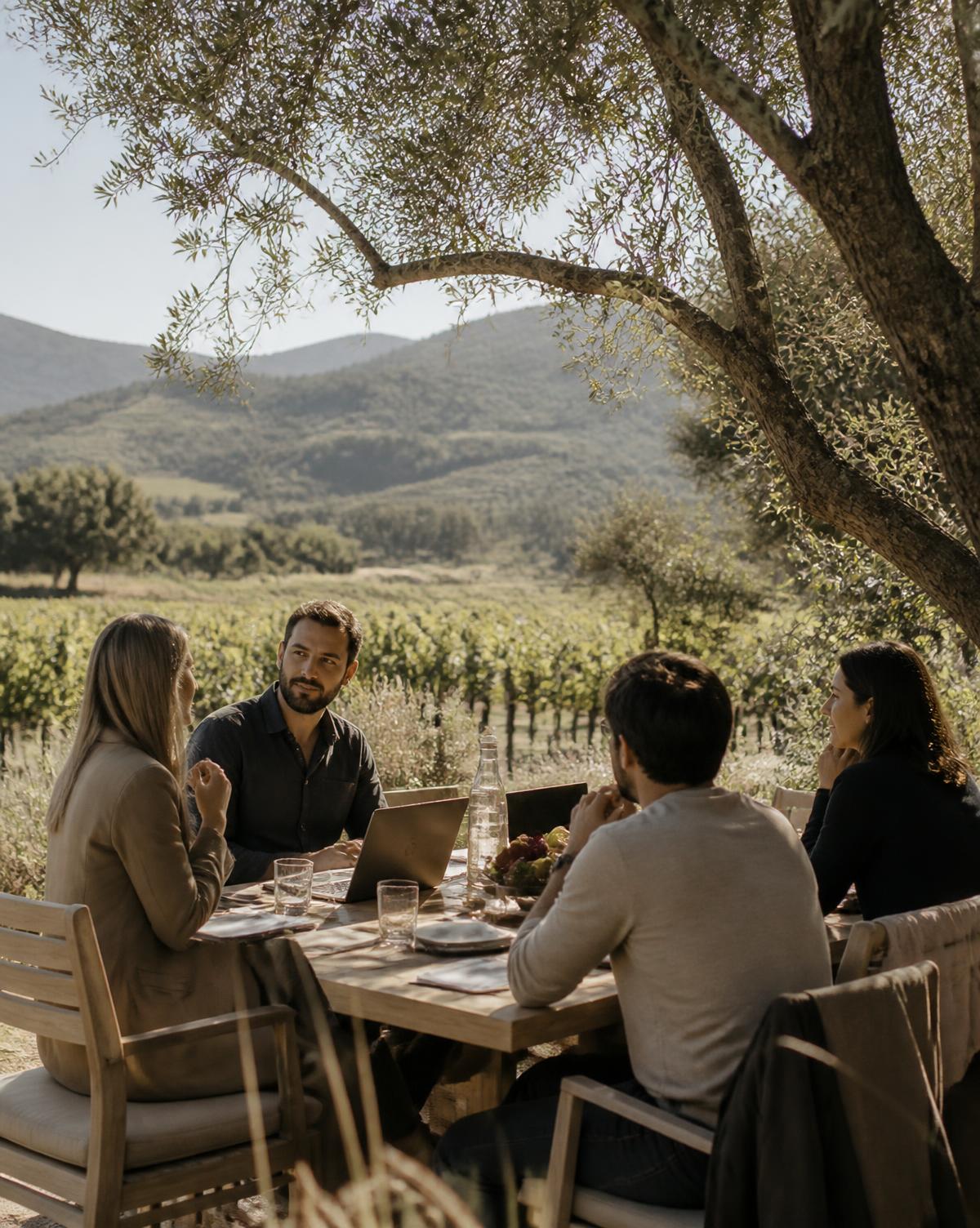 Small team working at an outdoor table overlooking a vineyard