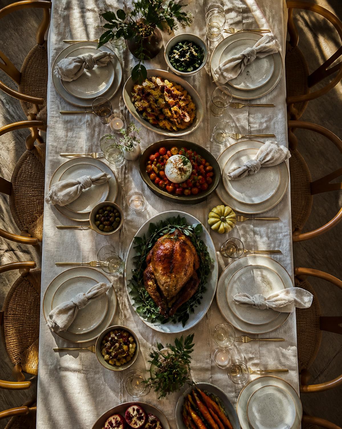 An overhead view of a long table set with seasonal dishes