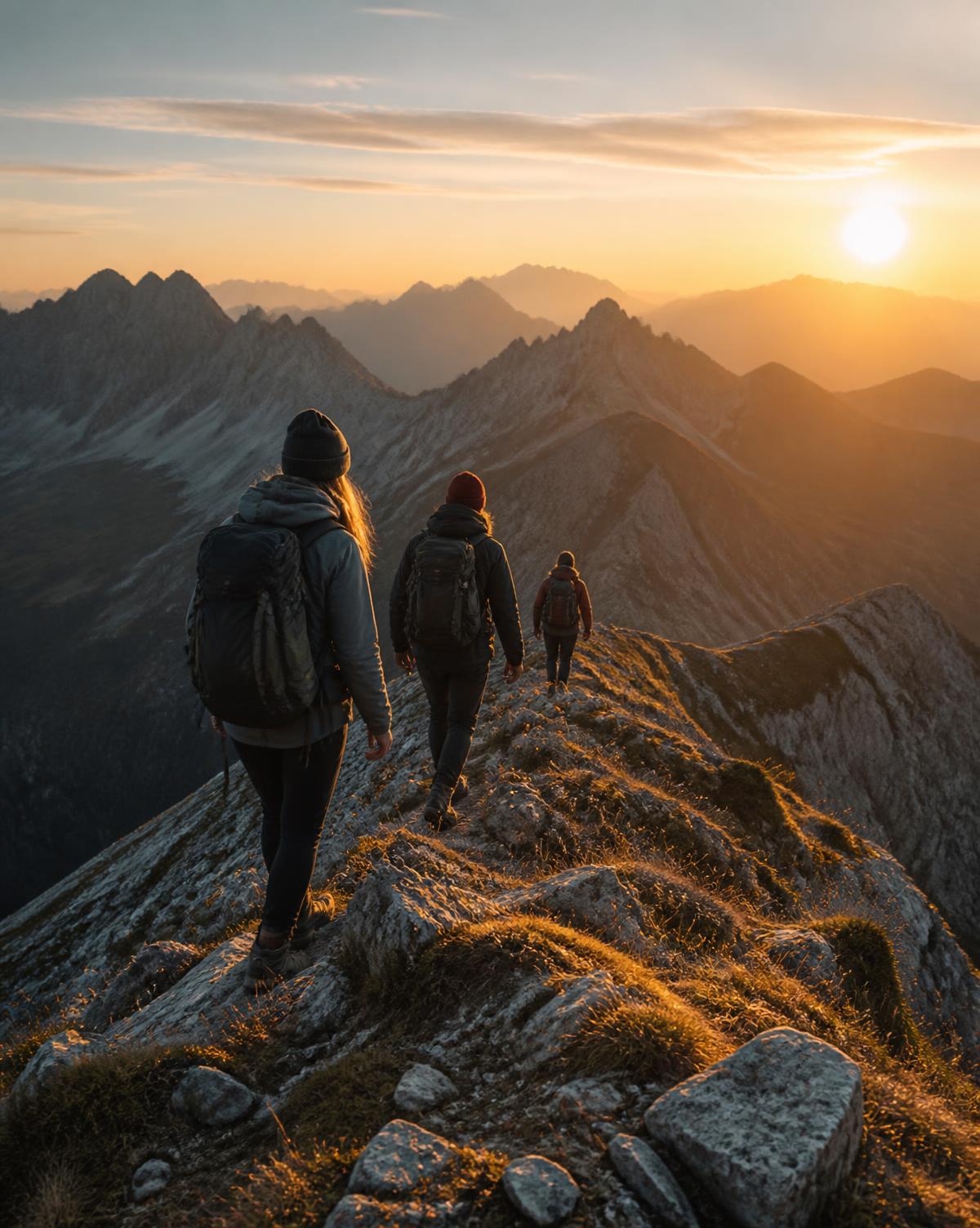 Three colleagues hiking a mountain ridge at sunrise